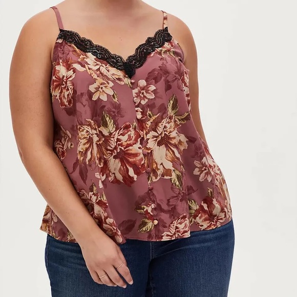 Torrid Lace Button Cami V Neck Sleeveless Walnut Floral and Black Size 1 - Picture 1 of 4